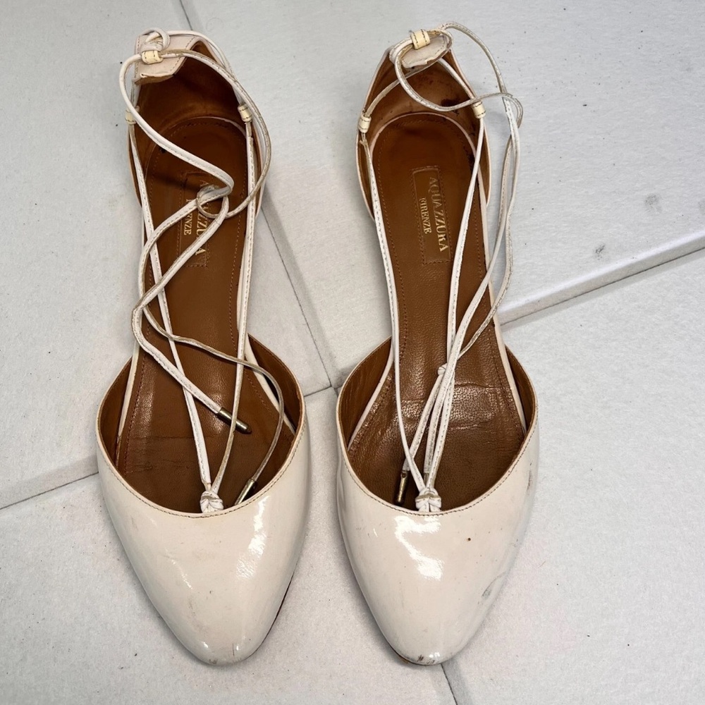 Aquazzura Alexa Lace-Up Patent Leather Ballet Flats‎ White Gold Heel Italy EU 37